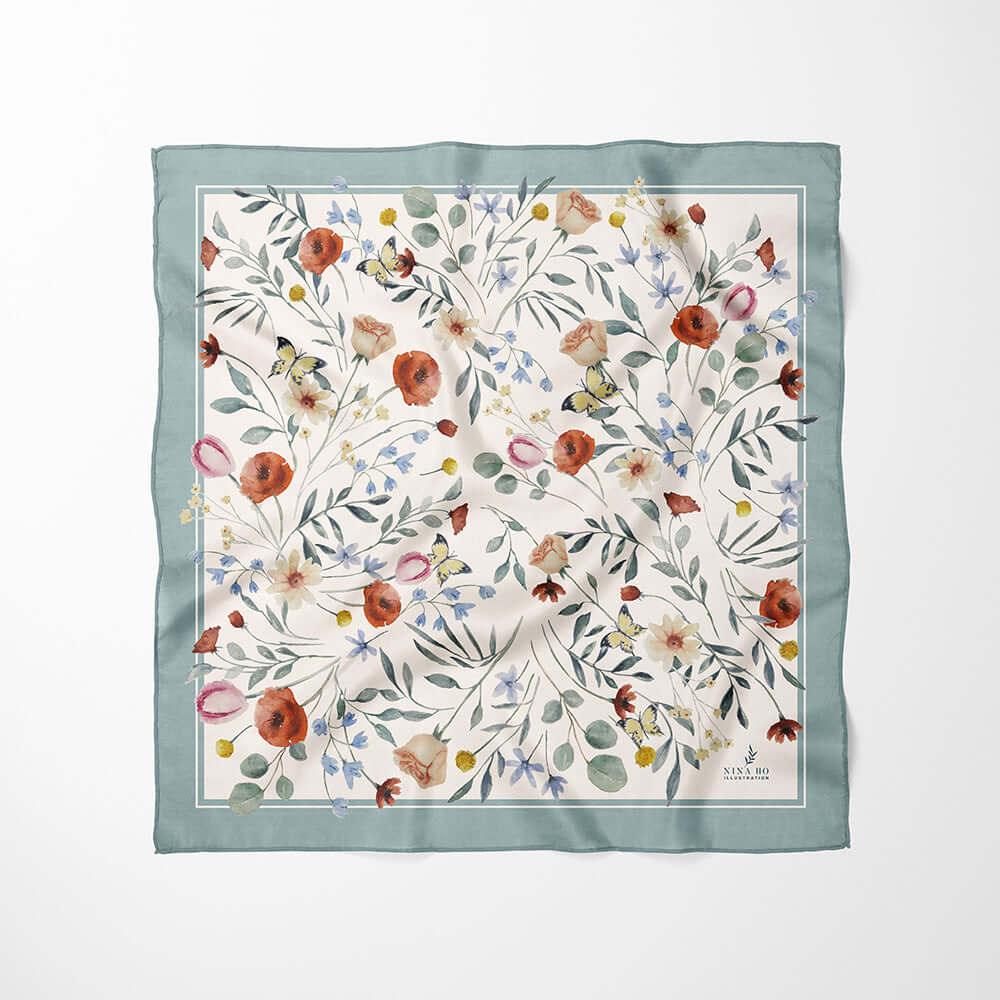 花叢派對絲巾Floral Party Silk Scarf -  Light Blue-Green