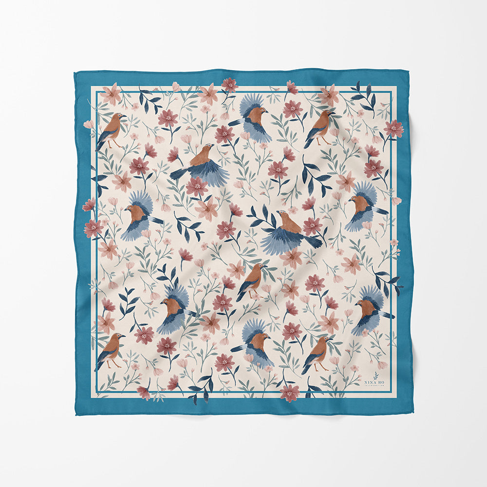 飛鳥與野花絲巾Birds and Wild Flowers Silk Scarf-Blue Green