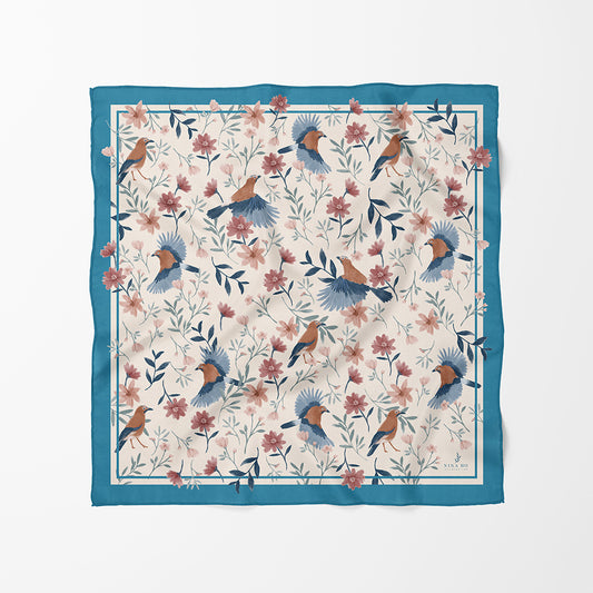 飛鳥與野花絲巾Birds and Wild Flowers Silk Scarf-Blue Green