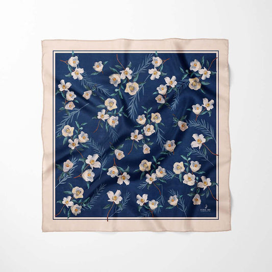 寧靜茶花絲巾The Tranquil Camellia Silk Scarf - Midnight Blue