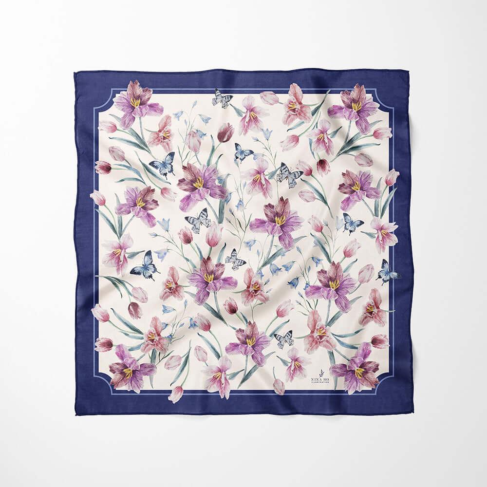 鬱金香與蝴蝶絲巾Tulip and Butterfly Silk Scarf - Deep Violet