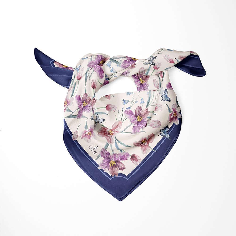 鬱金香與蝴蝶絲巾Tulip and Butterfly Silk Scarf - Deep Violet