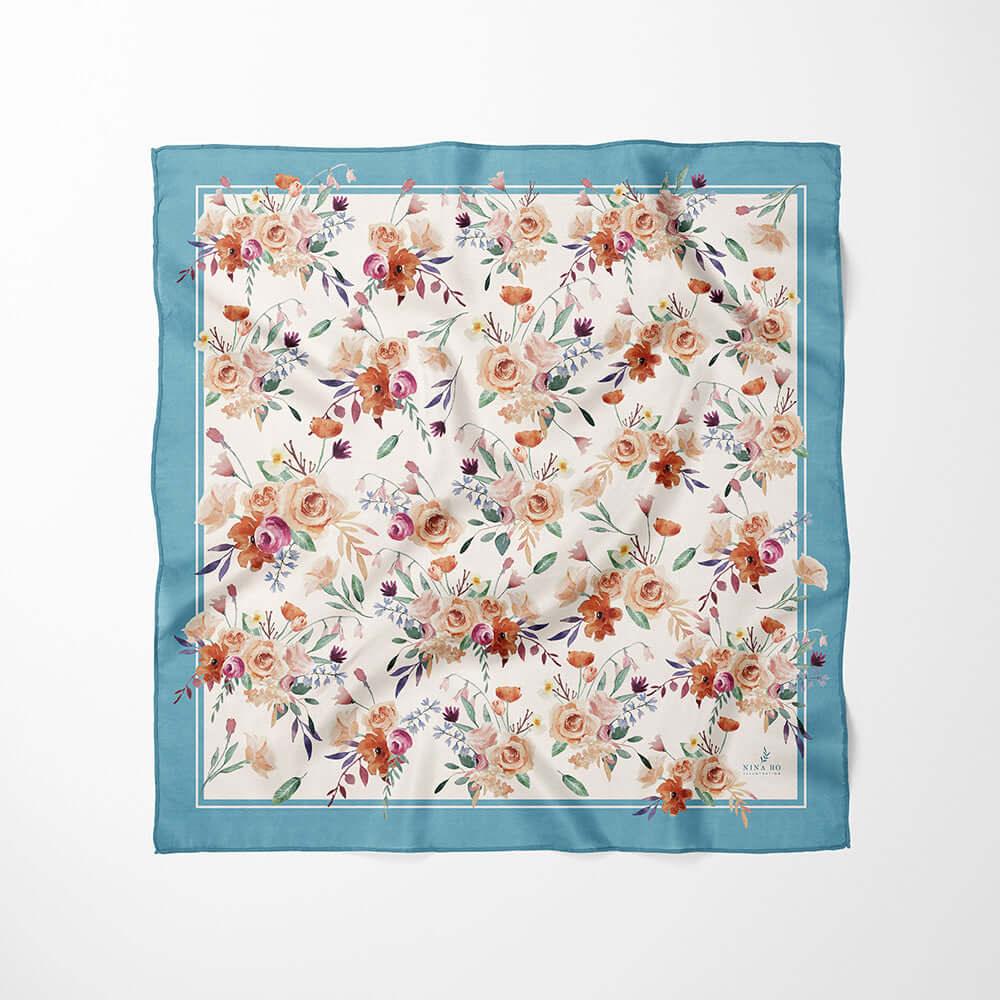 玫瑰園絲巾Garden Rose Silk Scarf - Light Blue