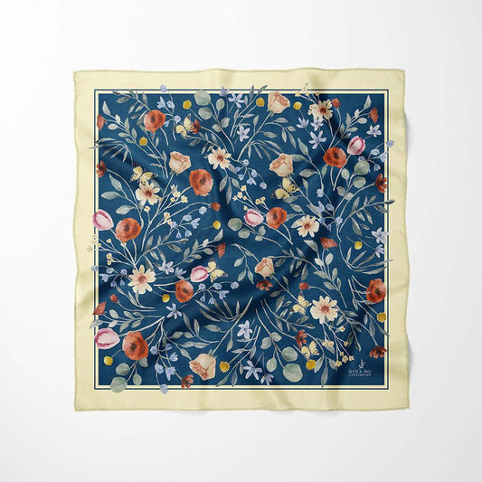 花叢派對絲巾Floral Party Silk Scarf - Deep Blue