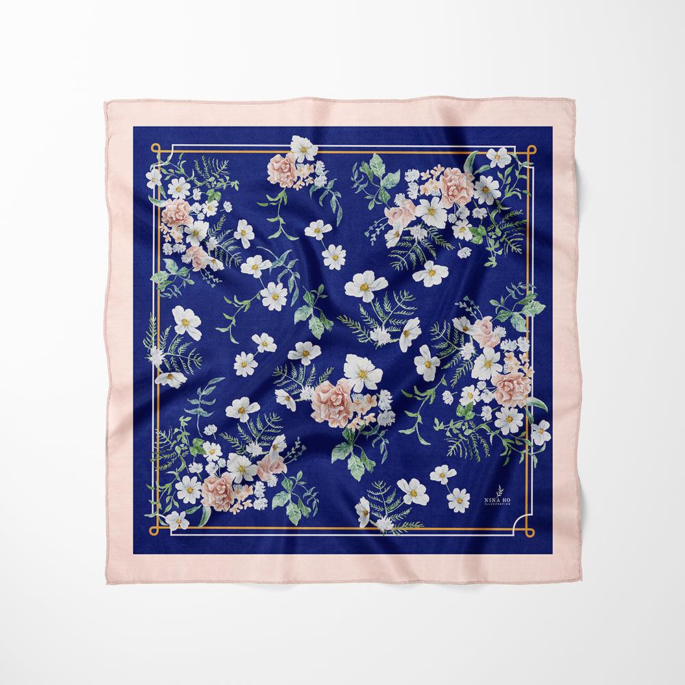 白色野花絲巾White Wildflower Silk Scarf - Glazed Blue