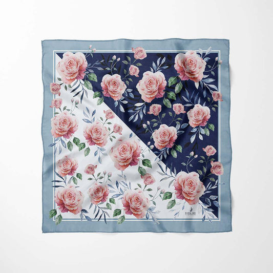 藍葉玫瑰絲巾Blue Leaf Rose Silk Scarf - Galactic Deep Blue