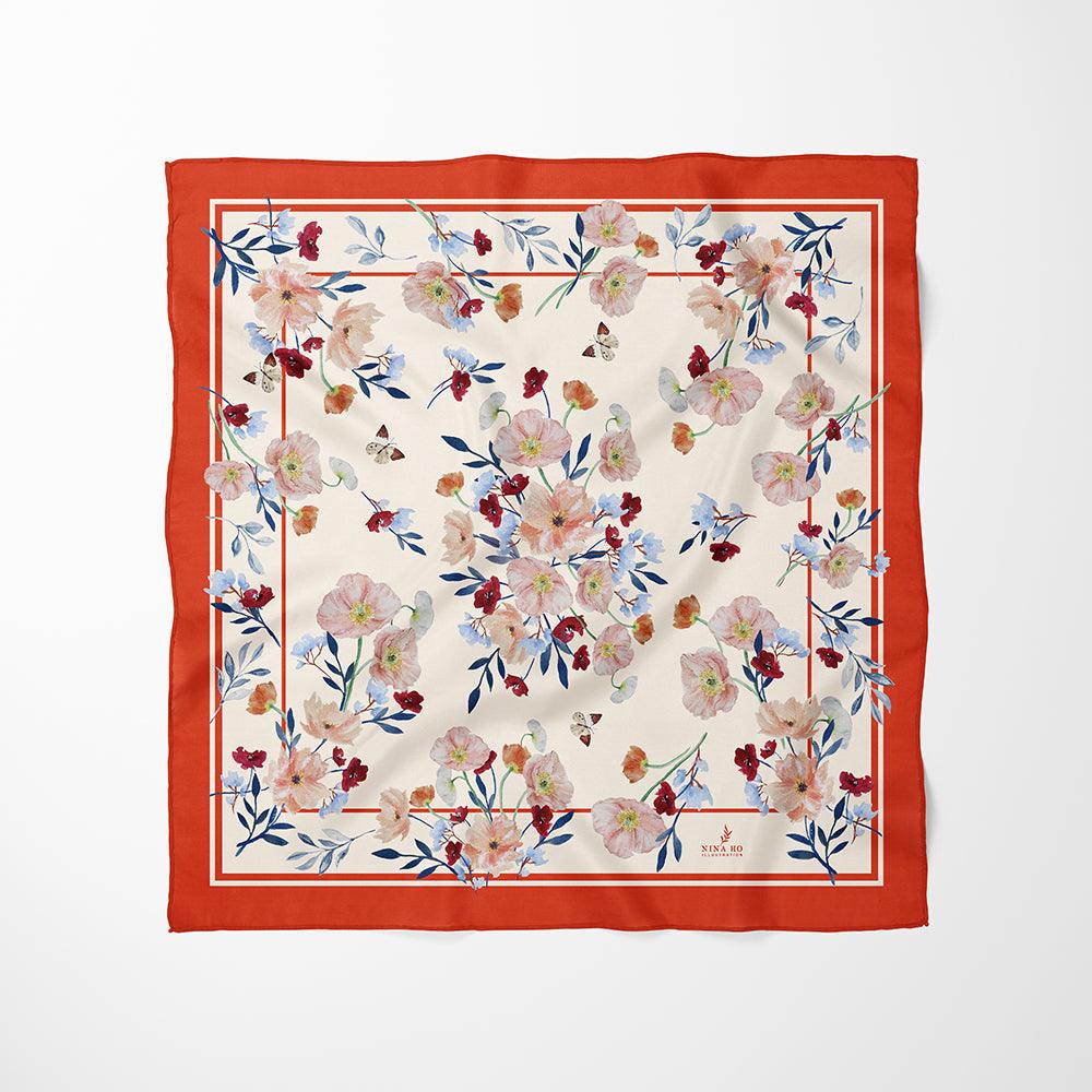 罌粟山谷絲巾Poppy Valley Silk Scarf - Orange Red