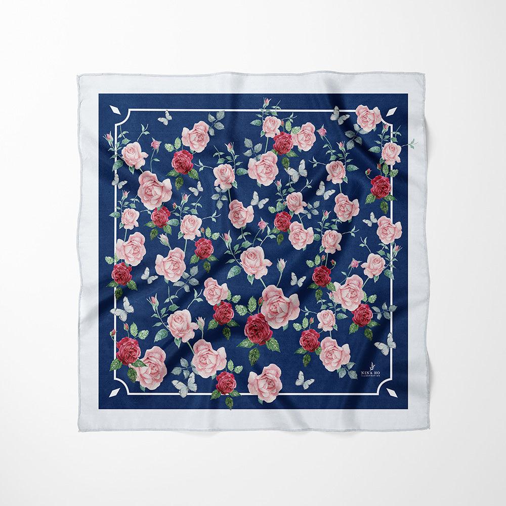 法國玫瑰絲巾French Rose Silk Scarf - Indian Blue