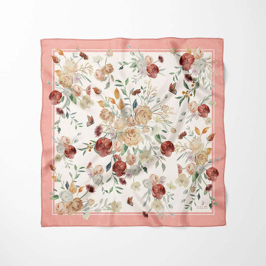 花束與蝴蝶絲巾Bouquet and Butterfly Silk Scarf - Coral Pink