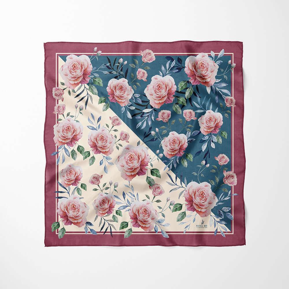 藍葉玫瑰絲巾Blue Leaf Rose Silk Scarf - Creamy Classic Green