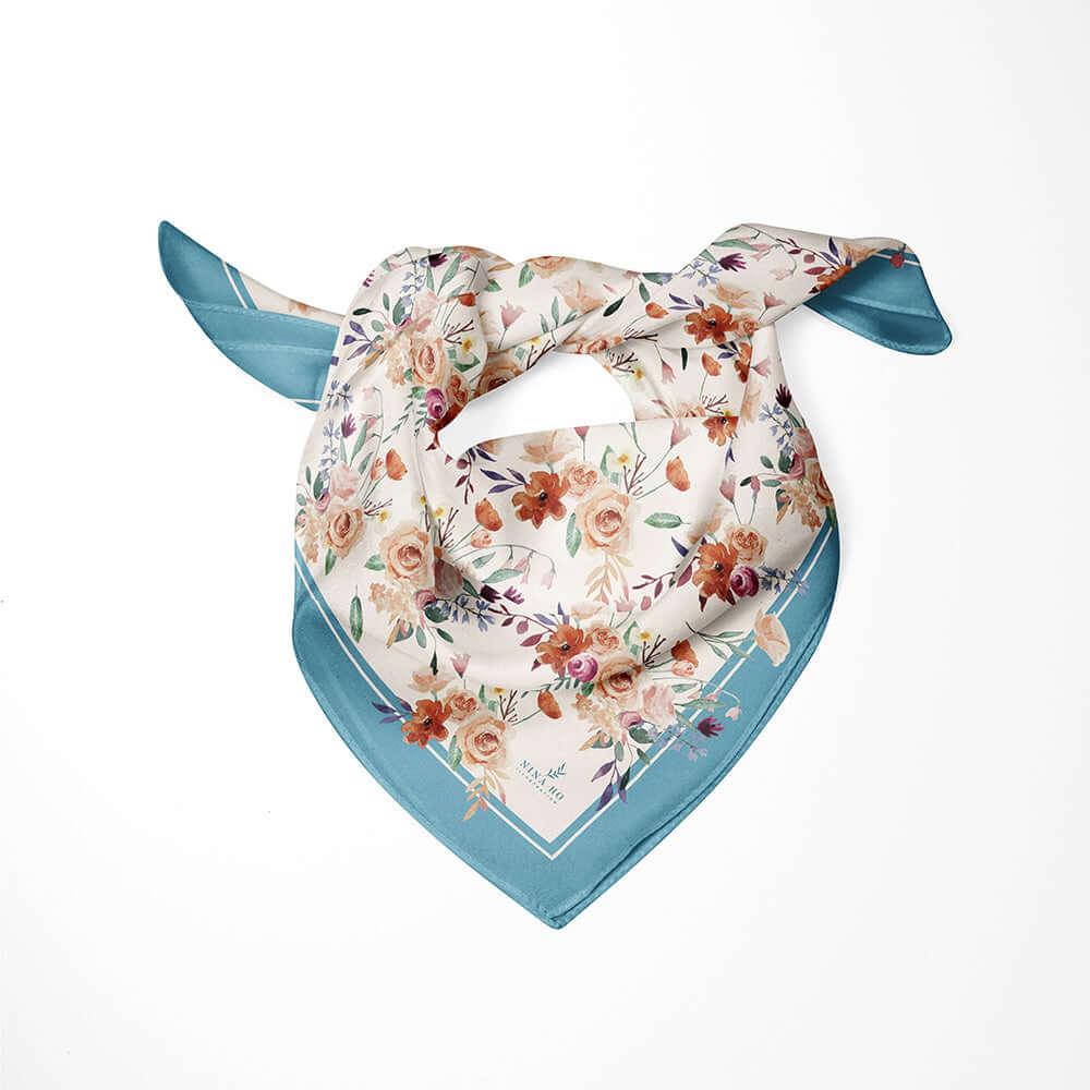 玫瑰園絲巾Garden Rose Silk Scarf - Light Blue