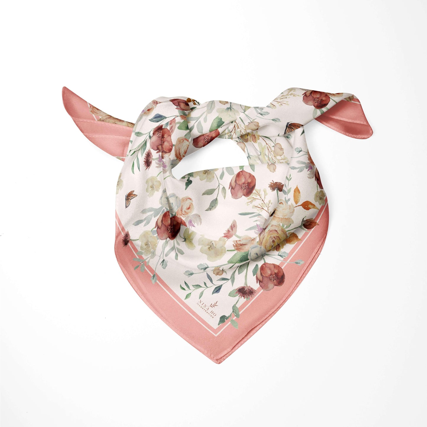 花束與蝴蝶絲巾Bouquet and Butterfly Silk Scarf - Coral Pink