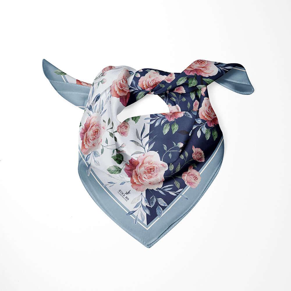 藍葉玫瑰絲巾Blue Leaf Rose Silk Scarf - Galactic Deep Blue