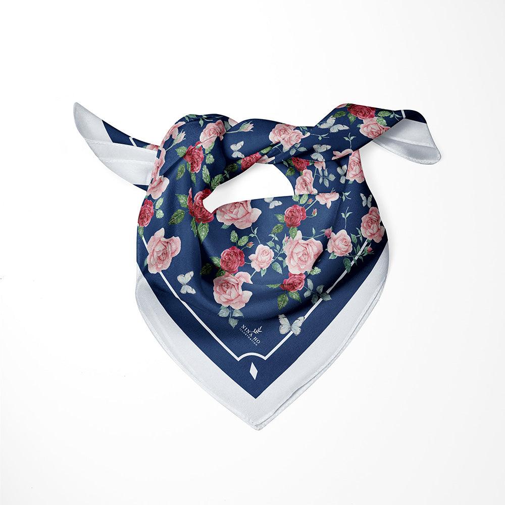 法國玫瑰絲巾French Rose Silk Scarf - Indian Blue