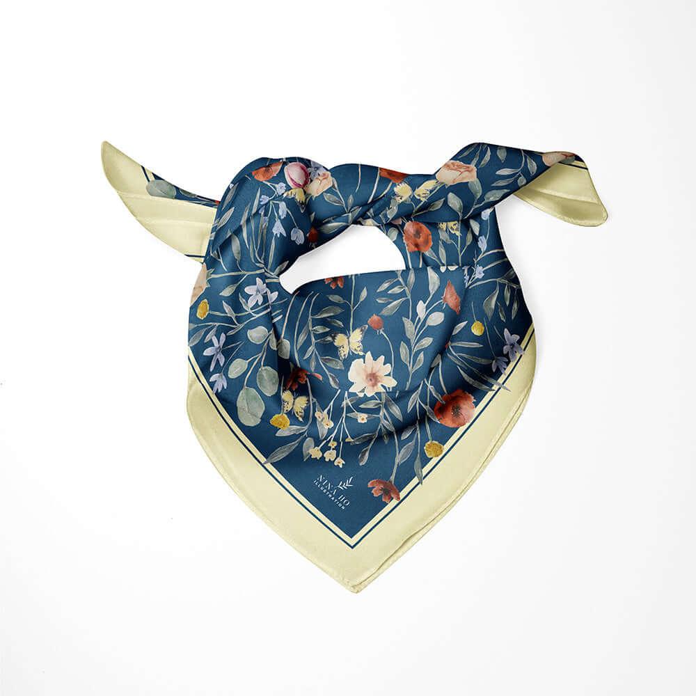 花叢派對絲巾Floral Party Silk Scarf - Deep Blue