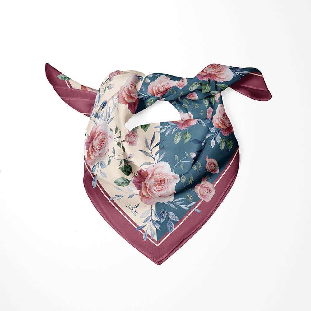 藍葉玫瑰絲巾Blue Leaf Rose Silk Scarf - Creamy Classic Green