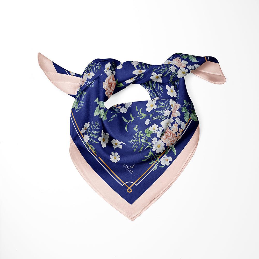 白色野花絲巾White Wildflower Silk Scarf - Glazed Blue